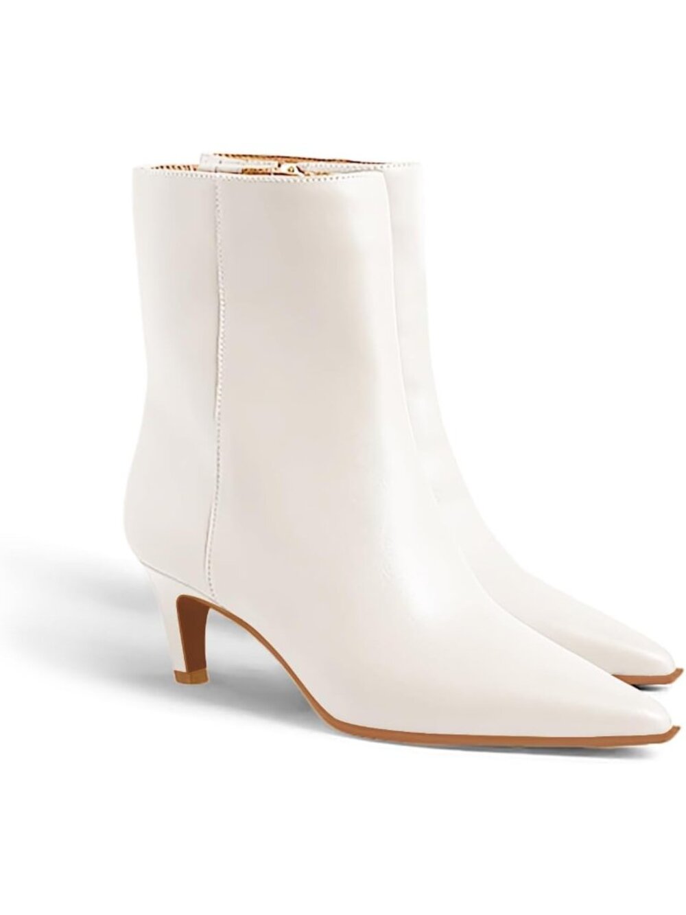 Women Cream White Pu Kitten Heel Faux Leather Pointed Toe Side Zipper Ankle Boot